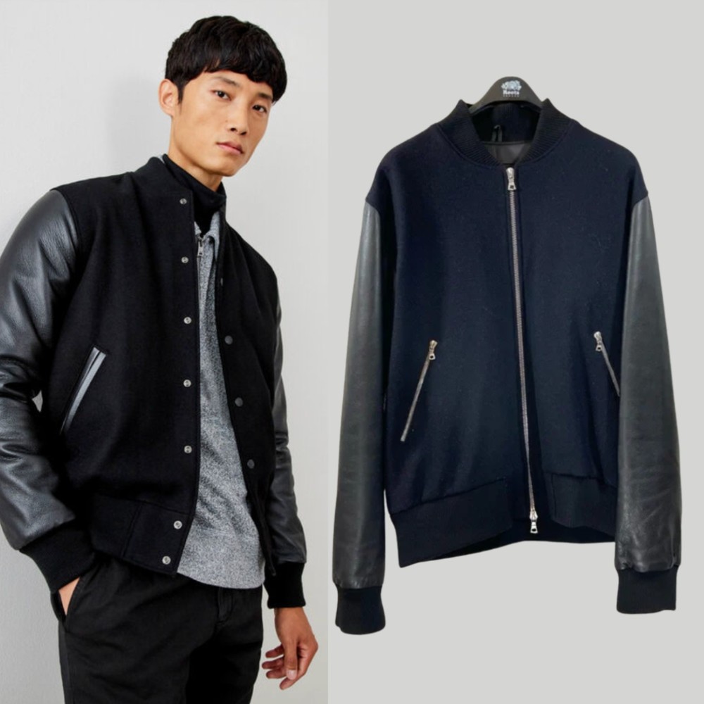 Roots Black Varsity Bomber Jacket with Leather Sleeves